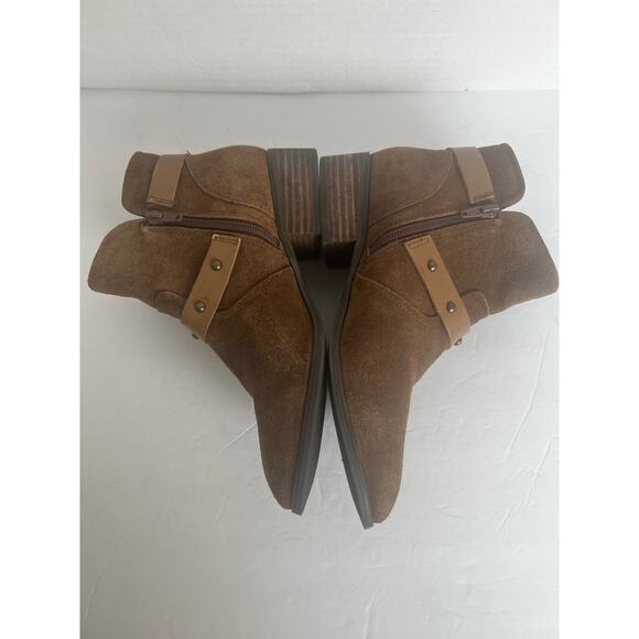 Crown Vintage Brown Leather Pointed Toe Studded Straps Block Heel Ankle Boot 8.5 - Picture 4 of 12